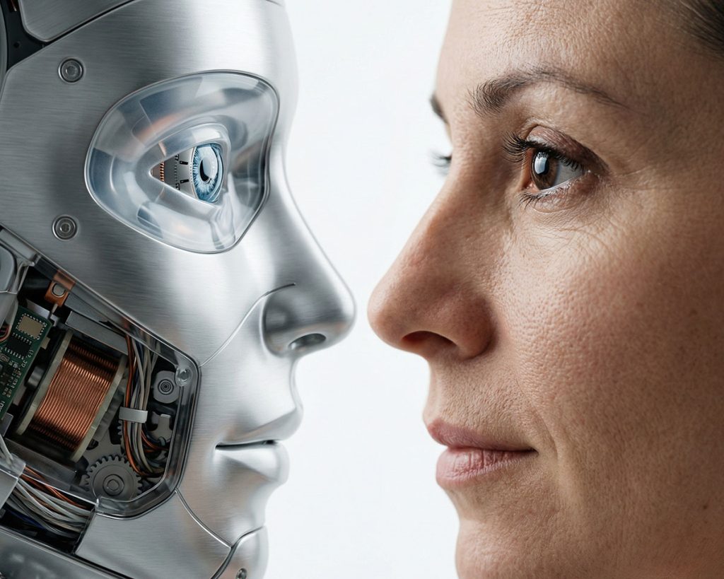 Zbliżenie twarzy kobiety i humanoidalnego robota zwróconych ku sobie, symbol relacji człowieka ze sztuczną inteligencją