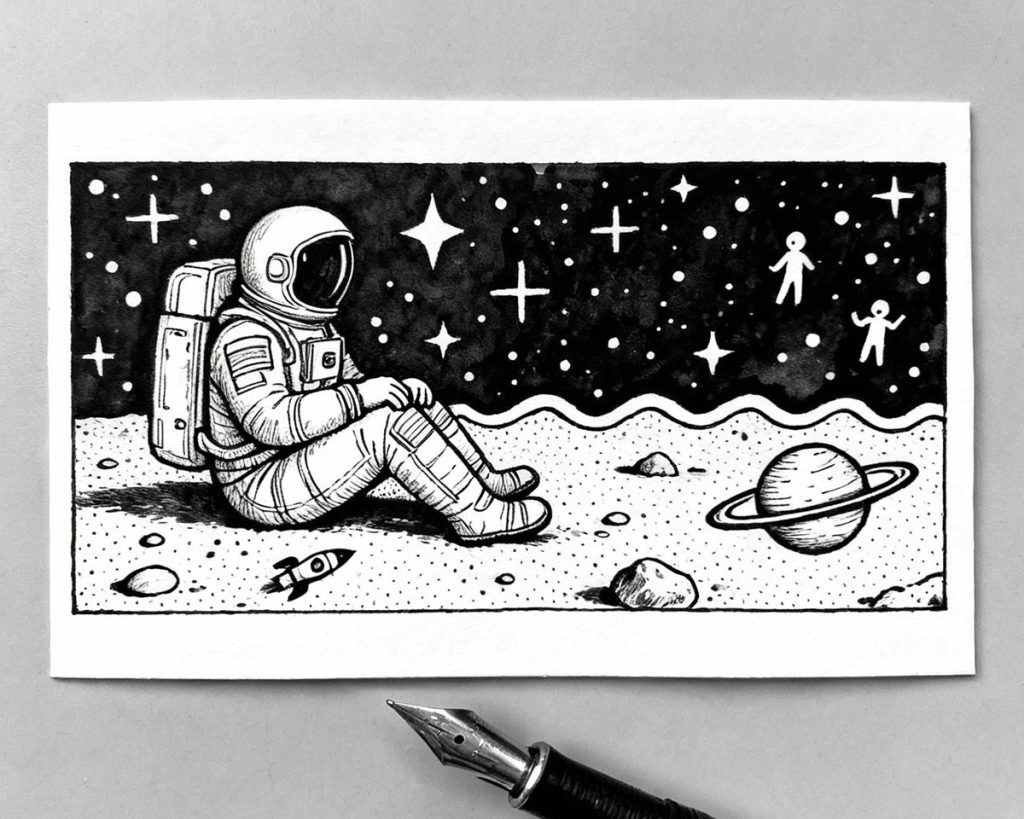 Czarno-biała ilustracja astronauty siedzącego na jasnym gruncie, obok ciemnej, gwiaździstej przestrzeni kosmicznej.